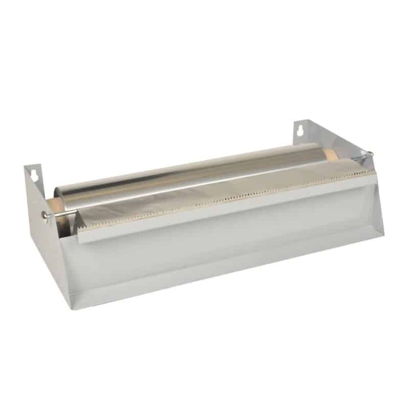 Dispenser med savklinge, sølv, 45 cm Dispenser til 1rl. 45cm madfilm/alufolie